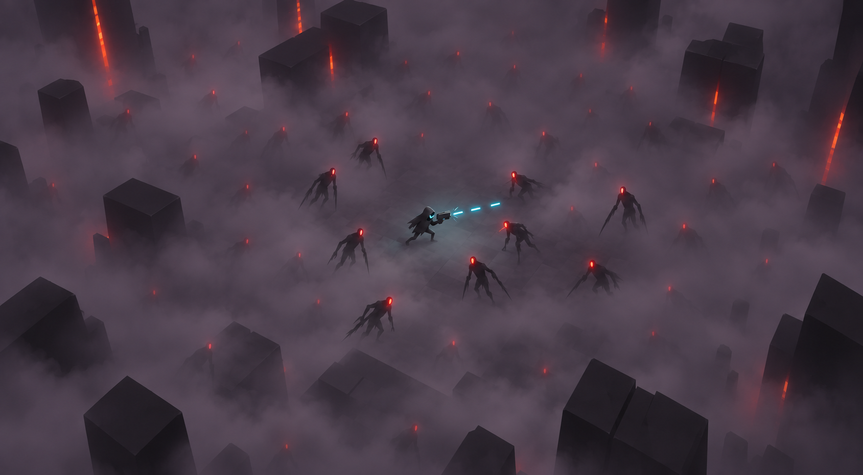 Terminus concept art: a lone fighter surrounded by glowing creatures and monumental pillars in dense fog.