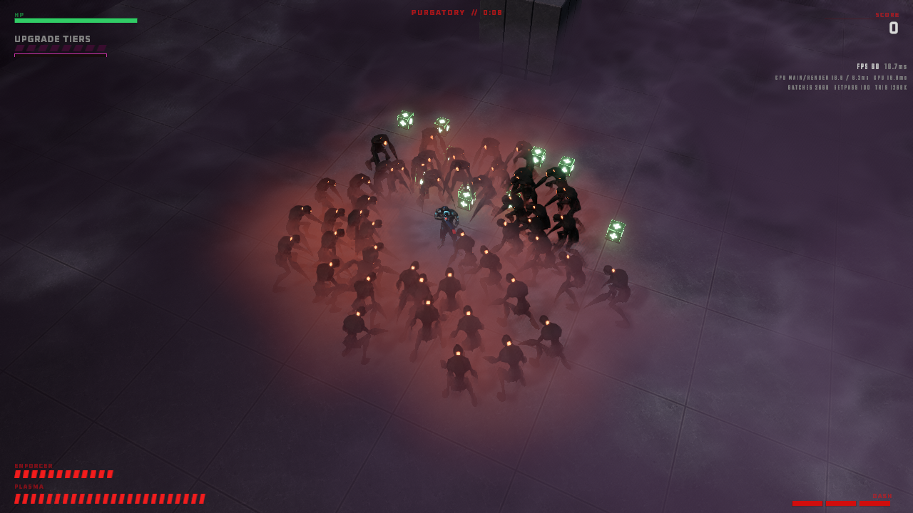 Development gameplay capture showing the player surrounded by a crowd of creatures in a fog-covered arena.